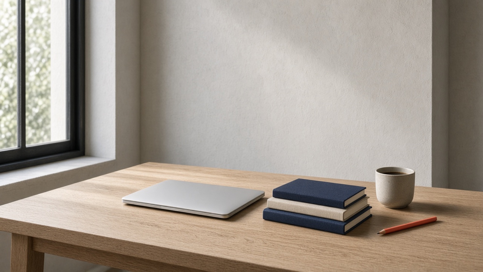 A quiet desk by a window, with a laptop, books, a pencil, and a cup of coffee.